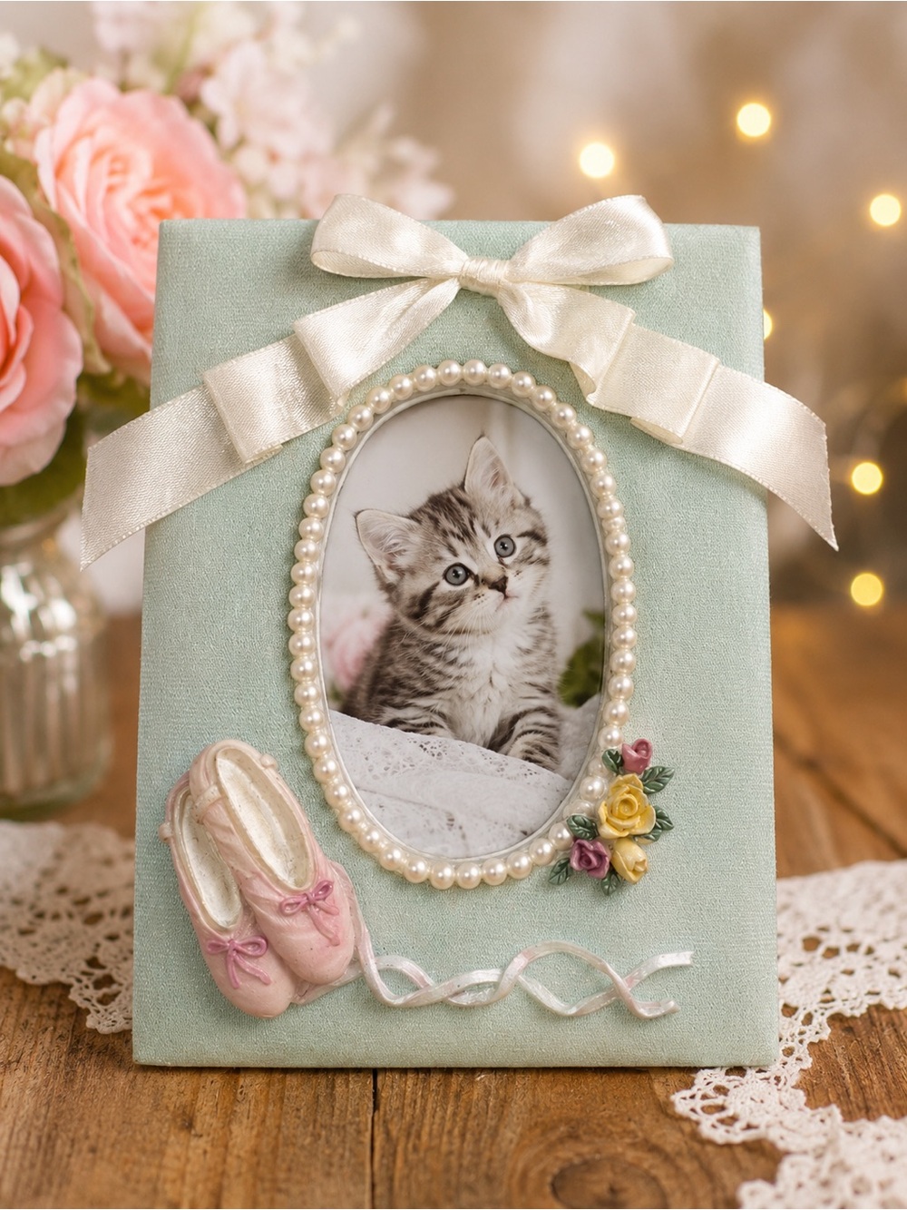 Vintage picture frame pastel ceramic 3D floral rose  with bow coquette